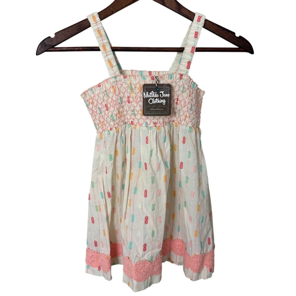 NWT Matilda Jane Smocked‎ Tank Top Girls Size 8 Cream Pink Crochet Trim Sweet